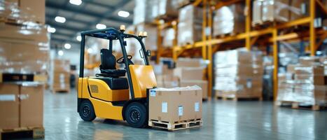 Efficient logistics with yellow forklift moving boxes in warehouse photo