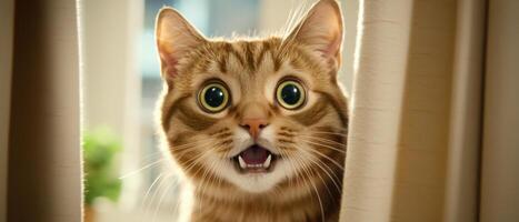 A cat looking out the window with its eyes wide open photo