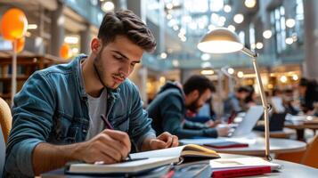 Focused student studying in modern library with bright lighting photo