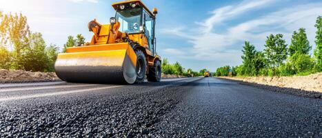 Road paving process using asphalt machinery on construction site, showcasing heavy equipment and fresh asphalt photo