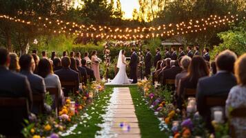 romantic wedding ceremony at twilight in lush garden, surrounded by guests and beautiful floral arrangements photo