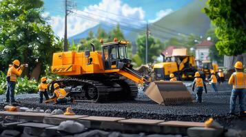 Construction workers operate heavy machinery on road project, showcasing teamwork and precision photo