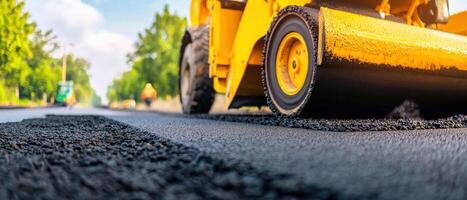 Fresh asphalt is being laid on road by heavy machinery, showcasing paving process photo