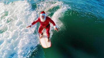 Santa surfing on wave, embodying holiday cheer and fun in sun photo