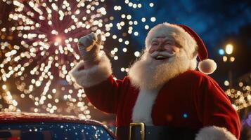 Santa celebrating with joyful expression during festive fireworks display at night photo