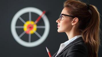 Mastering time management, businesswoman in profile with clock photo