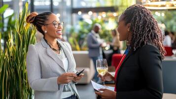 Networking businesswomen engaging at vibrant event, sharing ideas and drinks photo