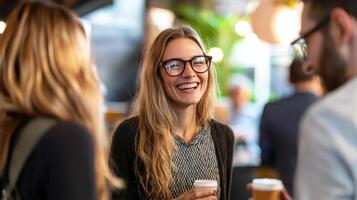 Businesswoman networking with peers, smiling and enjoying coffee at lively event photo