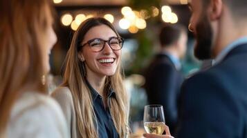 Engaged businesswoman networking with peers, sharing ideas and laughter photo