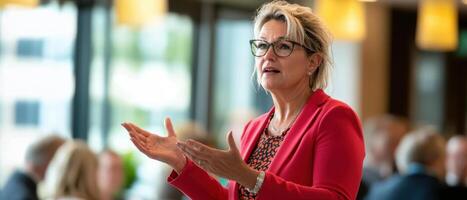 Empowered woman speaking passionately about workplace equality and diversity photo