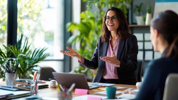 Businesswoman presenting with enthusiasm in modern office setting, using visual aids for effective communication photo