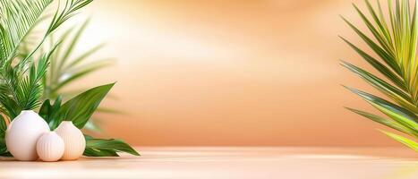 Calm and clean design with elongated lines, featuring green plants and vases photo