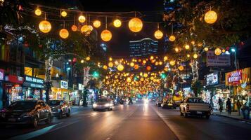 vibrant urban street adorned with colorful lanterns at night, bustling with activity and shops photo