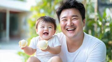 joyful moment of parent and child enjoying ice cream together sunny outdoor setting. Their smiles reflect happiness and love photo