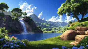 serene landscape featuring waterfall cascading into calm lake, surrounded by lush greenery and vibrant flowers photo