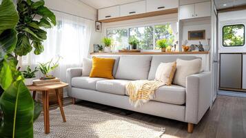 calm minimalist vintage living space featuring cozy sofa, plants, and natural light. muted colors create serene atmosphere photo