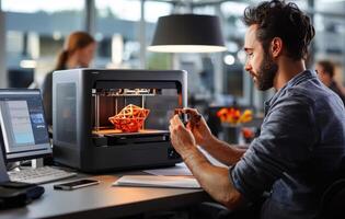 Innovative engineer exploring 3D printing technology in modern workspace photo