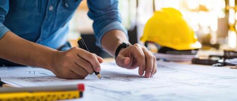 Engineer evaluating structural blueprints for new urban project, focused and detailed photo