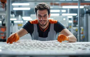 A smiling man is working on a large piece of foam photo