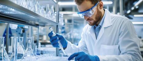 Scientist lab coat using pipette for chemical analysis, focused and precise. Safety goggles and gloves ensure strict protocols photo