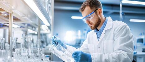 Scientist conducting experiments in laboratory, wearing safety gear and focused photo