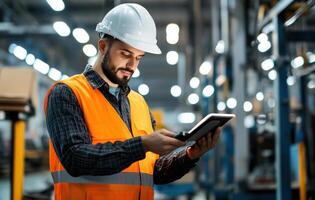 Engineer using tablet for quality control in factory setting photo