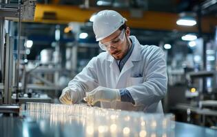 Engineer implementing quality control measures in factory setting, focused on precision and safety photo