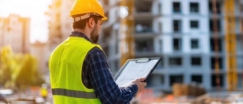 Construction worker monitoring safety practices on job site photo