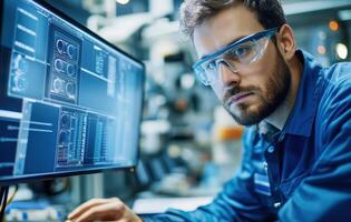 Engineer working on quality assurance testing with computer photo