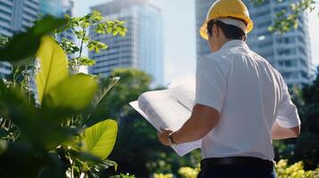 Engineer reviewing structural blueprints urban development. scene captures professional hard hat, surrounded by greenery and photo
