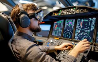 Engineer using virtual reality headset in flight simulator cockpit photo