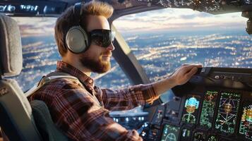 Pilot operating aircraft cockpit with advanced technology at sunset photo