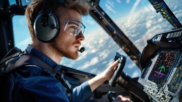 Engineer simulating advanced flight scenarios in cockpit environment photo