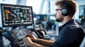 Engineer simulating advanced flight scenarios using control panel photo
