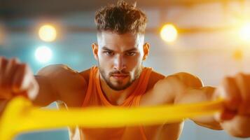 Focused athlete training with resistance bands, showcasing strength and determination photo