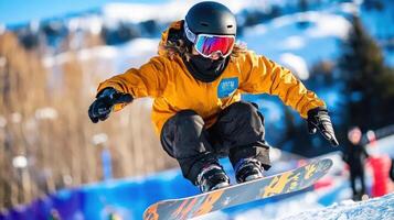 A person in a yellow jacket is riding a snowboard photo