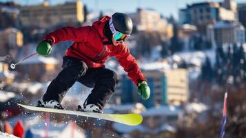 A person in a red jacket is riding a snowboard photo