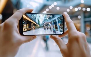 person holding smartphone captures vibrant shopping mall scene, showcasing modern architecture and lively shoppers photo