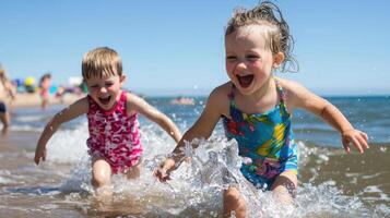 Playful kids splashing in ocean waves at summer beach, enjoying sun photo