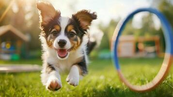 Playful puppy running through hoop in sunny park setting, full of joy photo