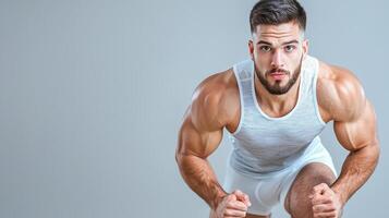 Athlete in sprint start position, showcasing strength and determination photo