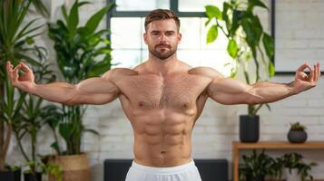 A man with a shirtless body standing in front of a plant photo