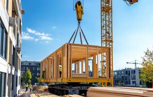 As prefabricated structures are being assembled construction site, workers are seen operating crane to lift wooden frame photo