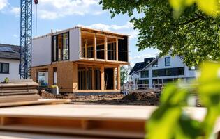 A house under construction with wooden framing photo