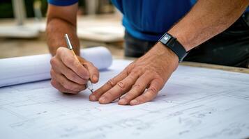 Project manager reviewing construction blueprints with pen in hand, focused on details photo