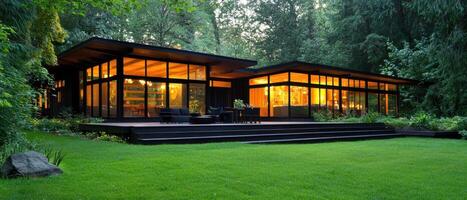 Modern house surrounded by trees with large windows and green lawn photo