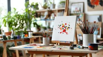 vibrant art studio filled with colorful canvases, brushes, and paints, creating inspiring atmosphere for creativity photo