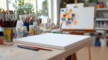 vibrant art studio filled with colorful canvases, brushes, and paints, inspiring creativity and expression photo