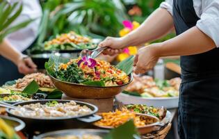 vibrant food festival showcasing diverse cuisines with colorful dishes and fresh ingredients, creating lively atmosphere photo