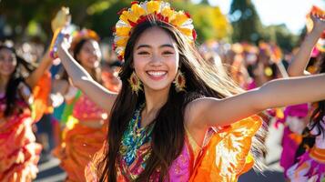 joyful dancer in vibrant attire celebrates at lively festival photo